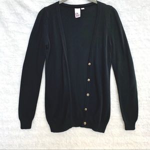 Black & Gold Button Low V Neck Knit Cardigan